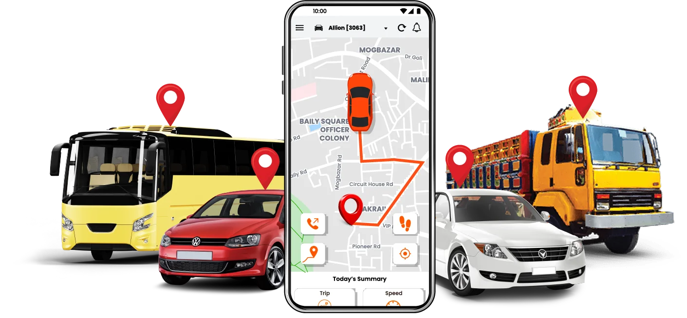Vehicle GPS tracking system mobile app interface showing live route map with bus, car, and truck
